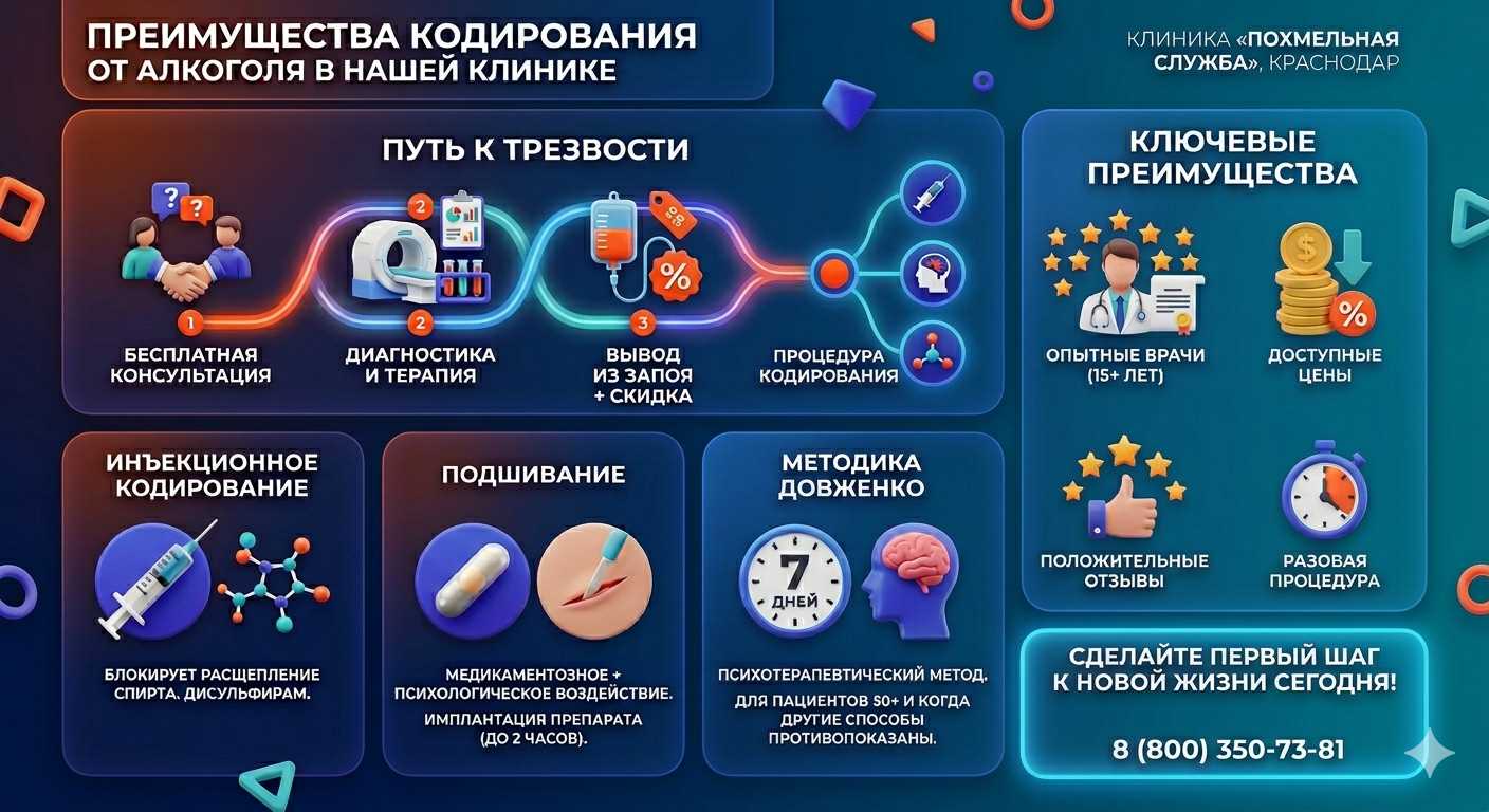 Инфографика о методах кодирования от алкоголя в Казани: инъекции, подшивание, метод Довженко. Преимущества клиники и этапы лечения.